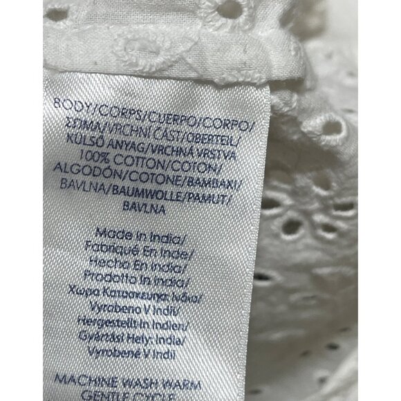 Chaps Eyelet Blouse White Popover V-Neck M Medium 3/4 Sleeve Cotton - Picture 7 of 7